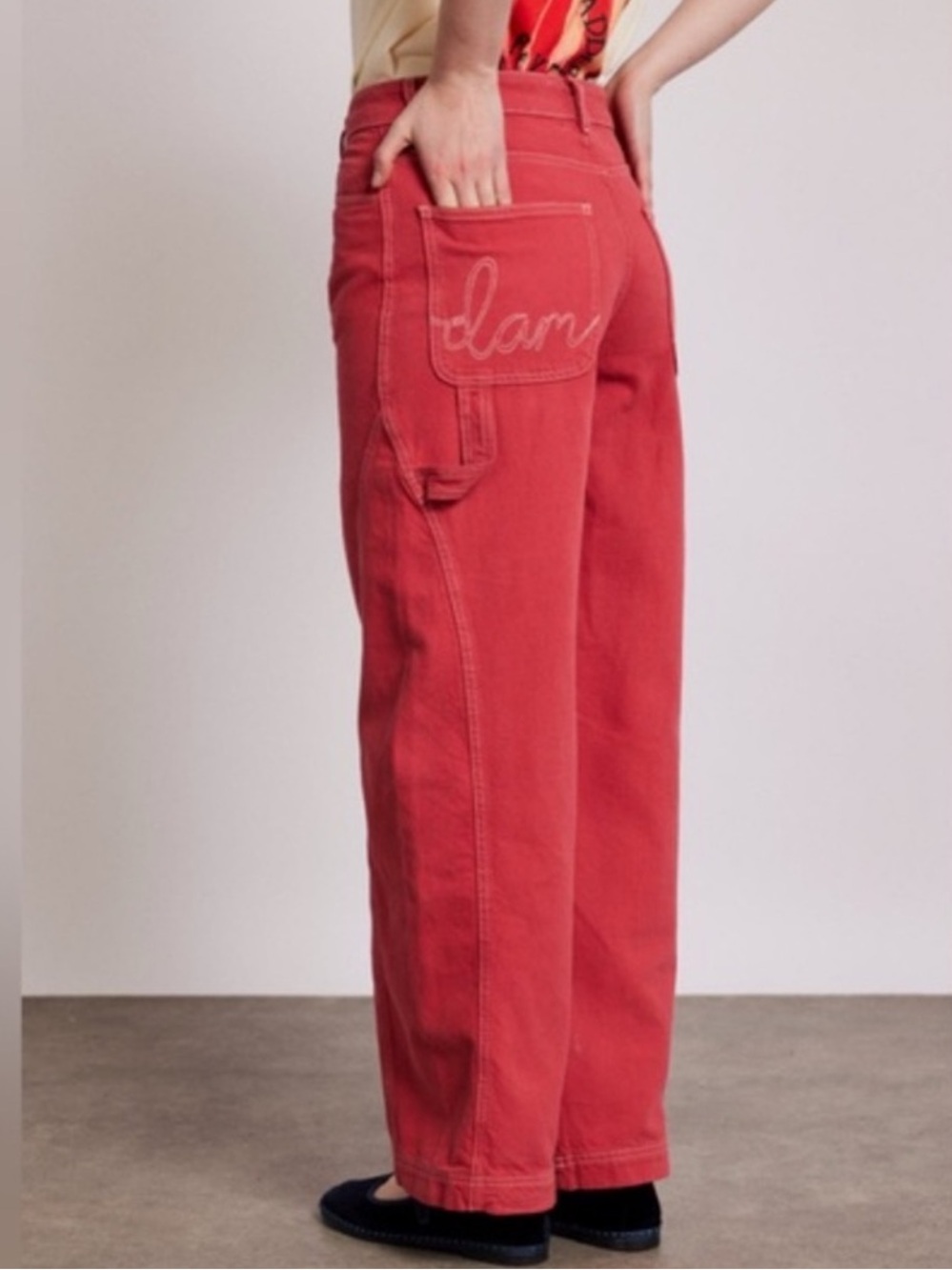 New Damson Madder Utility Carpenter Barrel Leg Jeans in bright red size US 4
